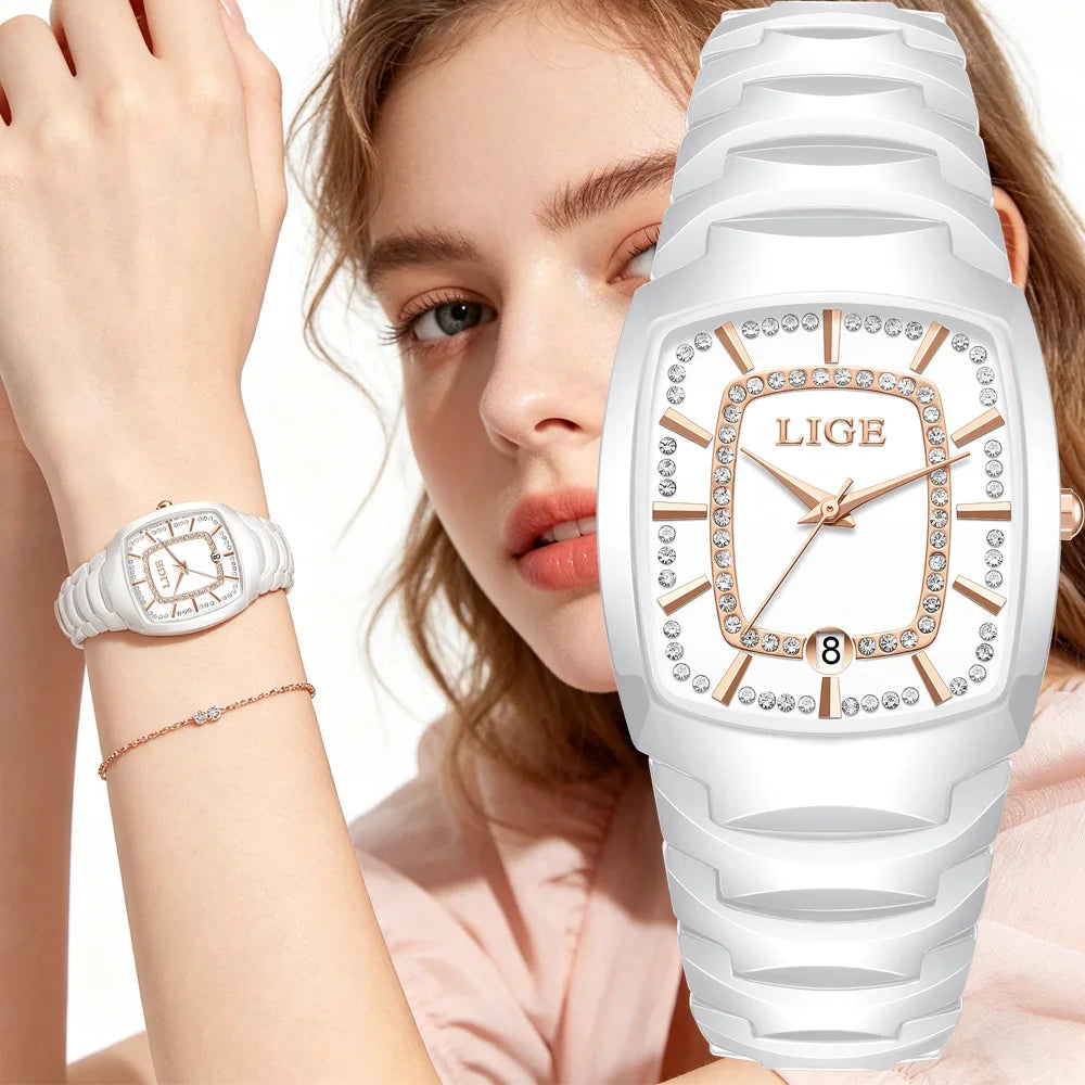 LIGE Luxury Quartz Watch for Woman Ceramic Waterproof Ladies Watch High Quality Female Clock Elegant Women's Watches+Box