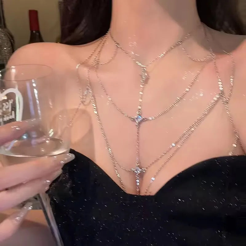 Layered Crystal Chest Chain – Silver Body Jewelry