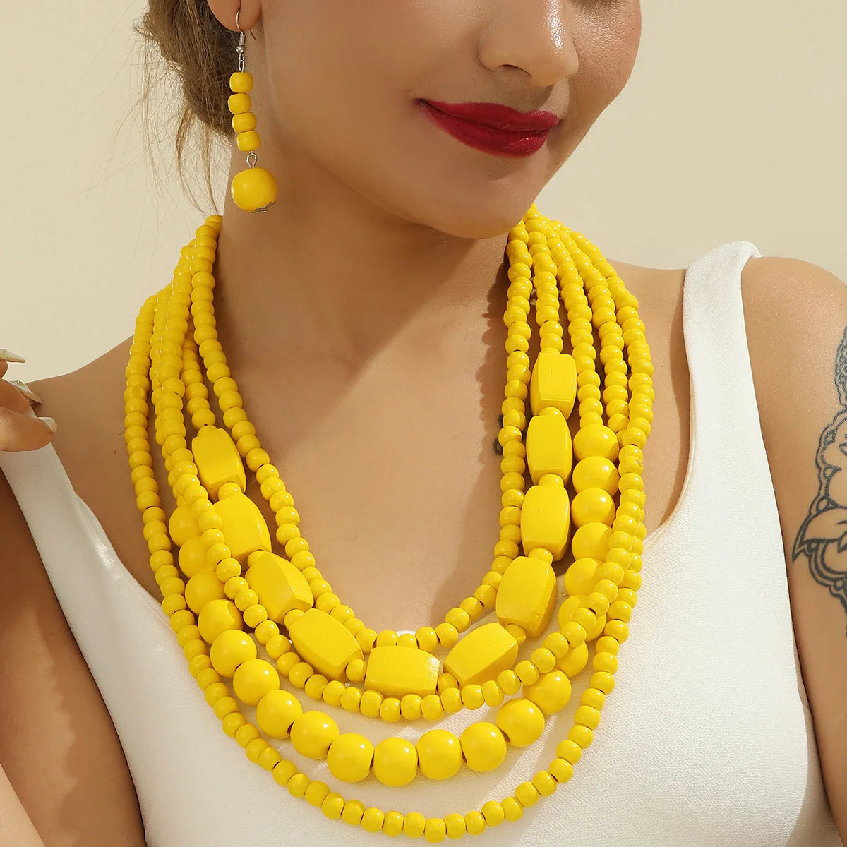 Bohemian Wooden Bead Necklace & Earring Set