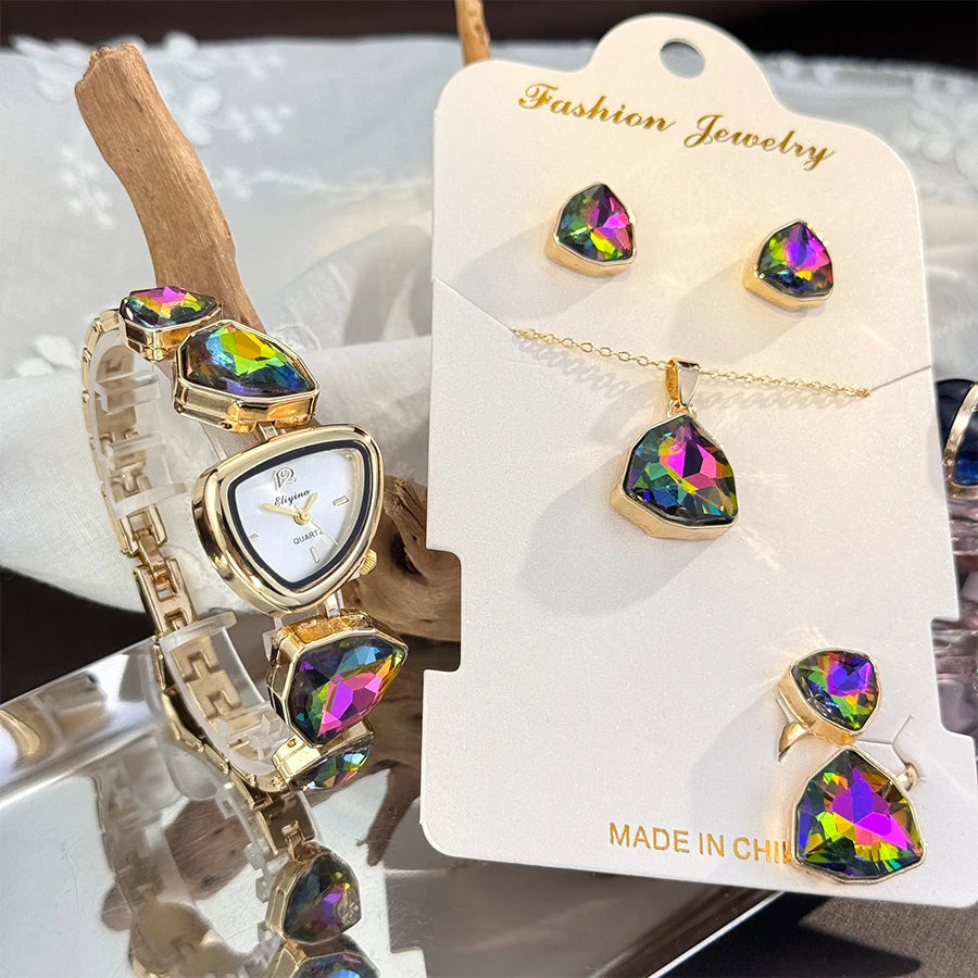Luxury Ladies Quartz Watch  Colorful Diamond Irregular Shape Necklace Ring Earrings Jewelry Set Four-Piece Gift Set Trendsetter