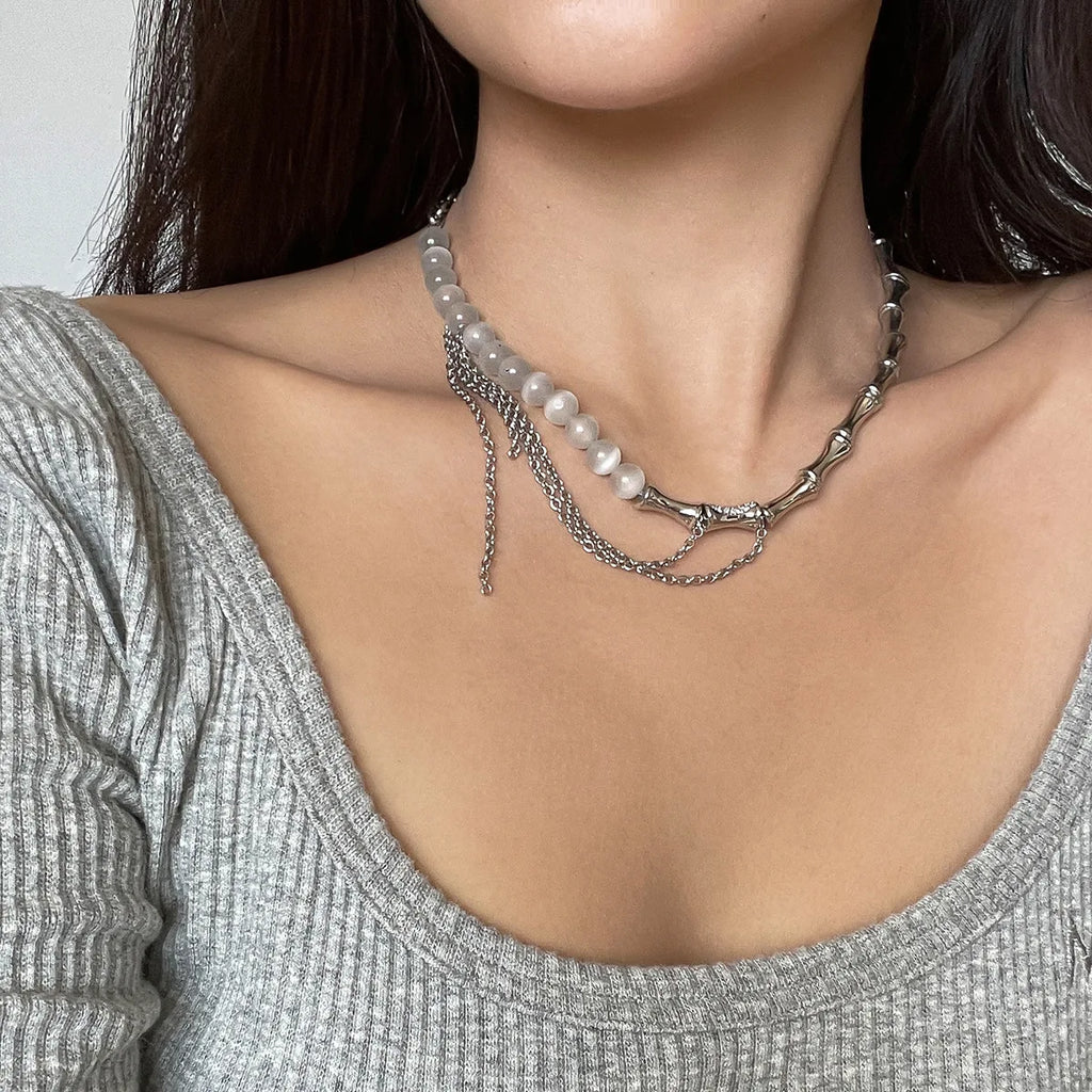 S925 Sterling Silver Bamboo-Link Necklace with Diamonds & Opal