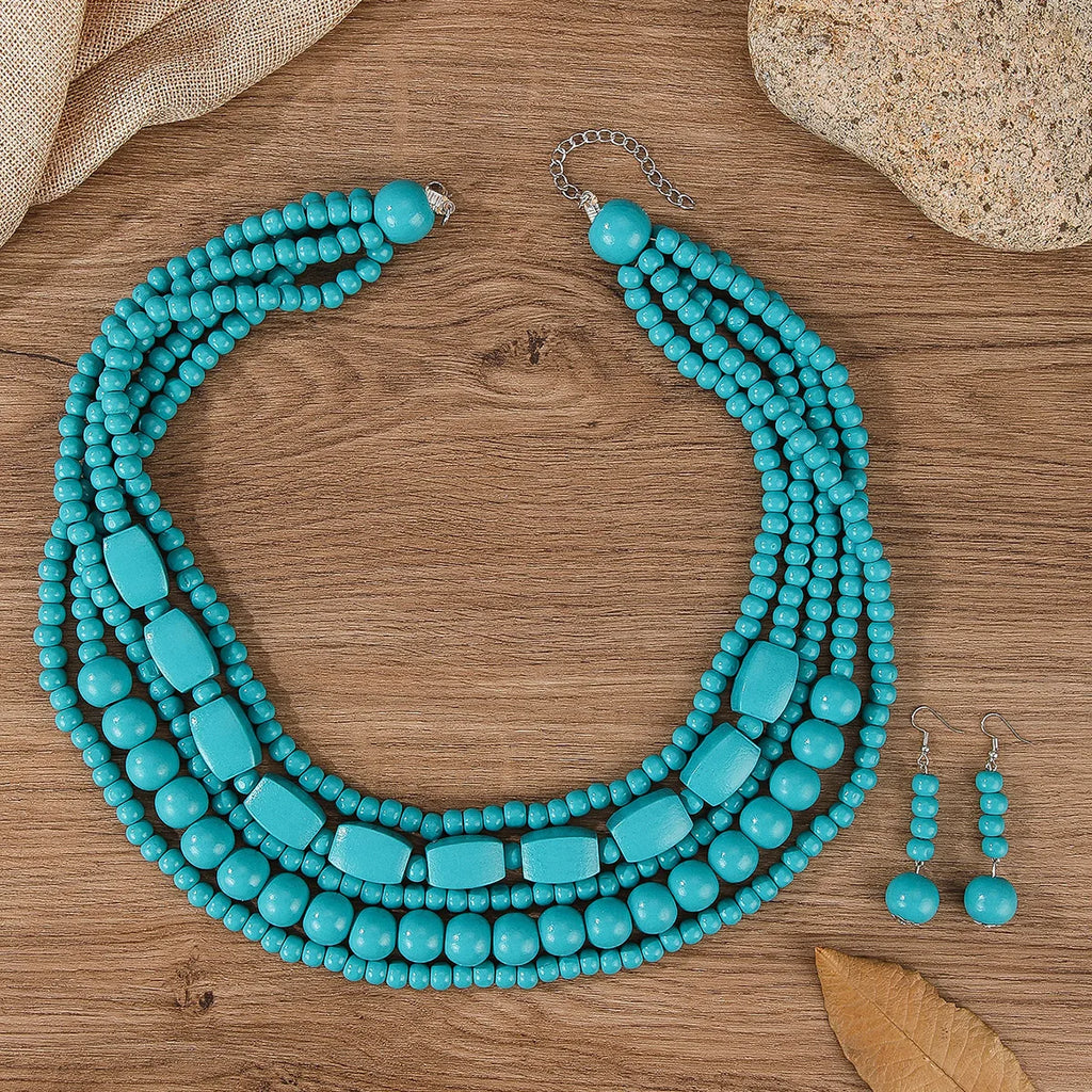 Bohemian Wooden Bead Necklace & Earring Set
