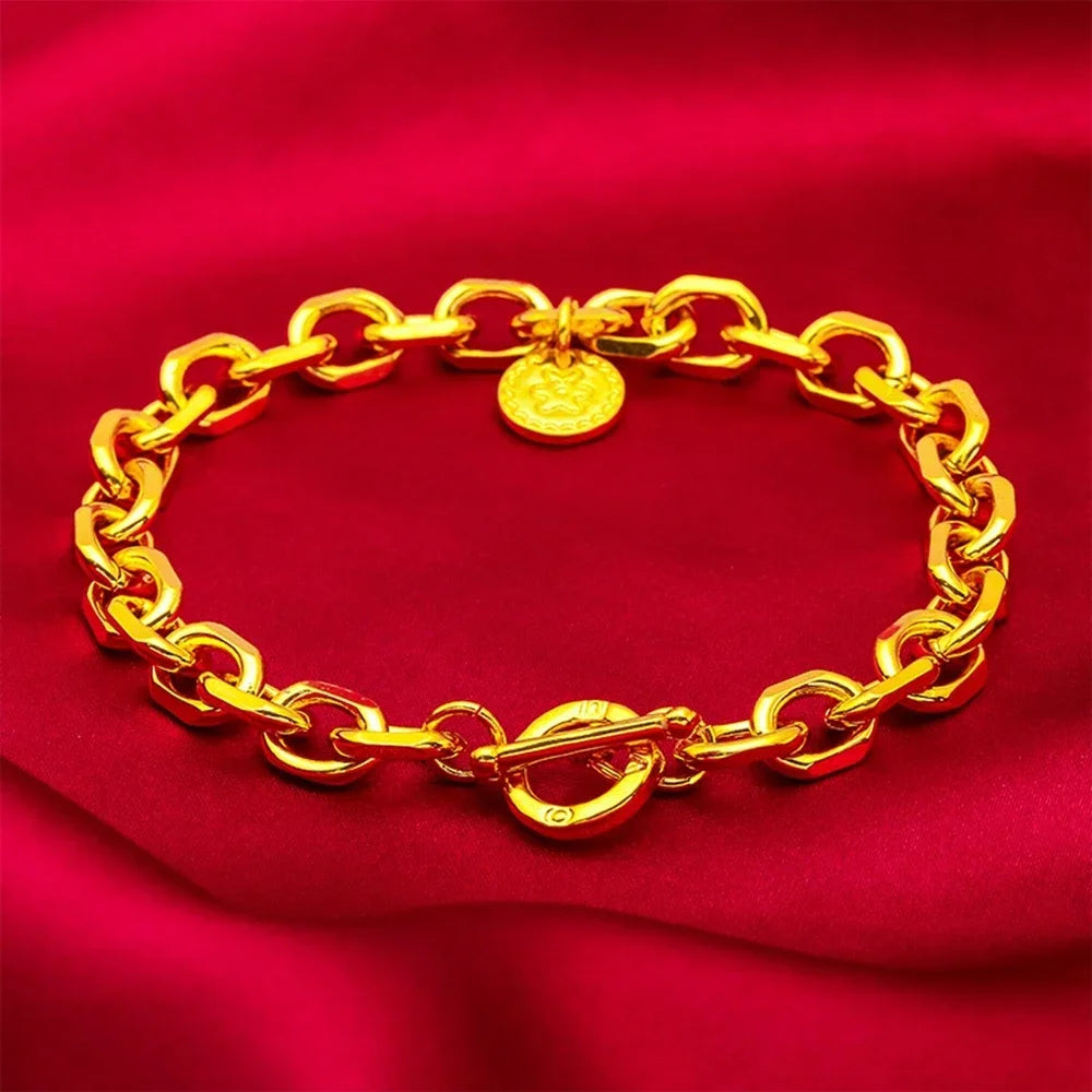 Luxury 18 KT O Link Bracelet for Women Pure Gold Color Circular Pendant Bracelet Matte Wedding Anniversary Fine Jewelry Gifts