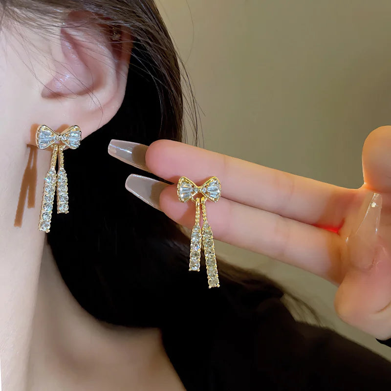 Gold Bow Stud Earrings with Rhinestone Dangle