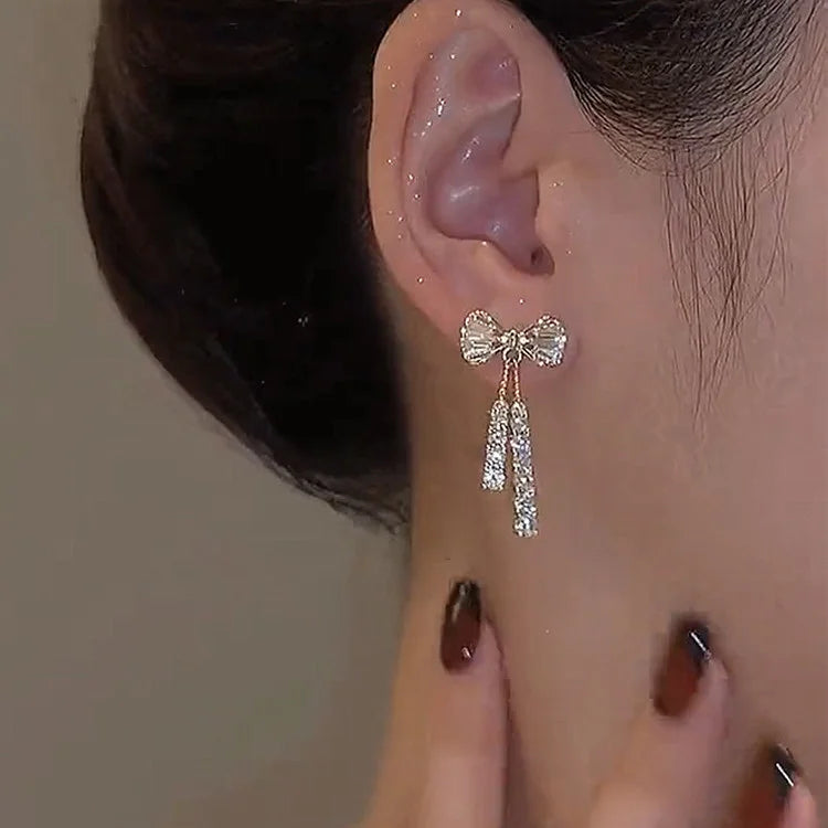 Gold Bow Stud Earrings with Rhinestone Dangle