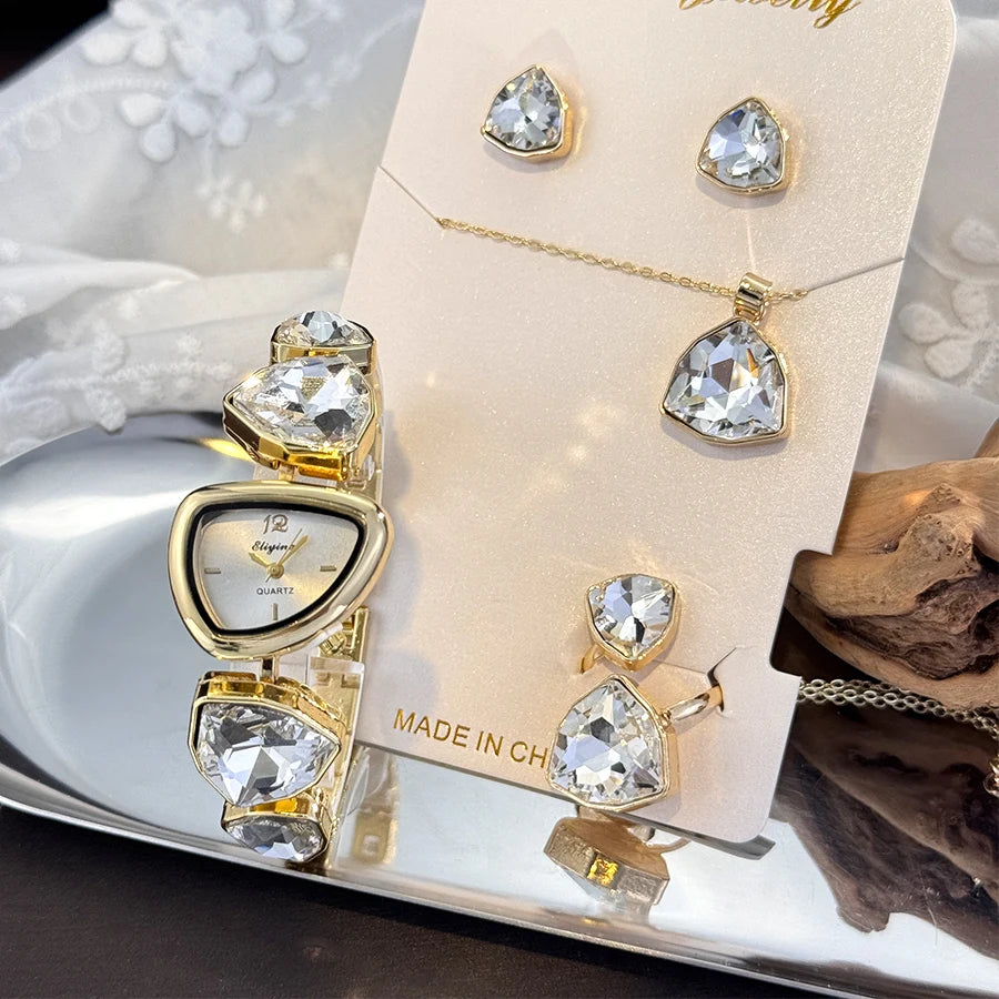 Luxury Ladies Quartz Watch  Colorful Diamond Irregular Shape Necklace Ring Earrings Jewelry Set Four-Piece Gift Set Trendsetter