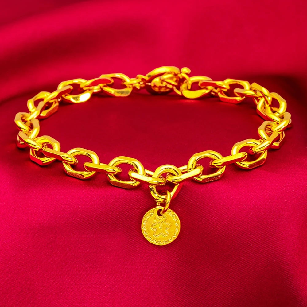 Luxury 18 KT O Link Bracelet for Women Pure Gold Color Circular Pendant Bracelet Matte Wedding Anniversary Fine Jewelry Gifts