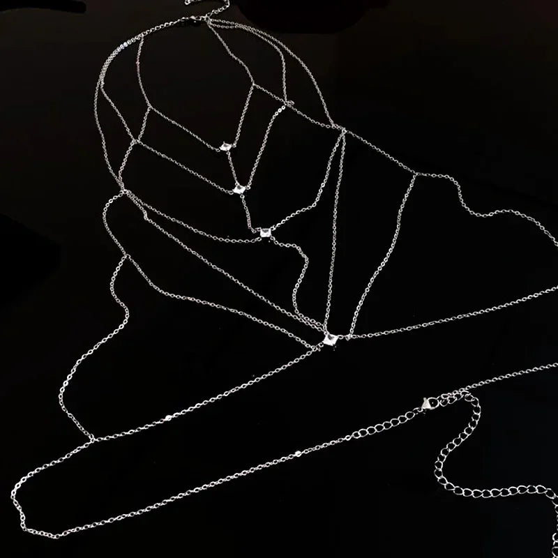Layered Crystal Chest Chain – Silver Body Jewelry