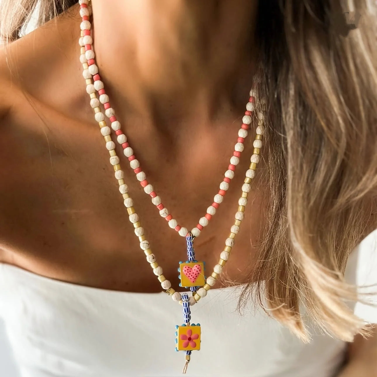 White Turquoise Bead Necklace with Heart Glass Pendant