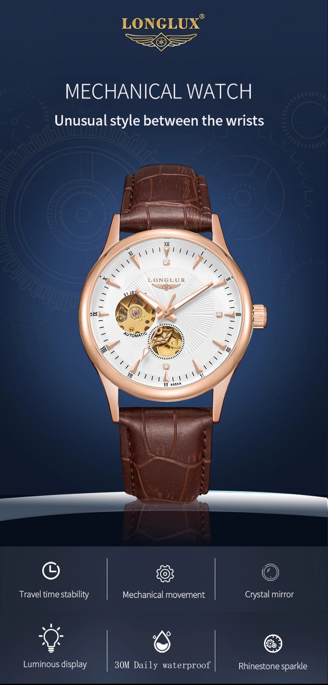 LONGLUX Automatic Watch Elegant Style Wholesale Mechanical Wristwatches Skeleton Rome Waterproof Mens Watch Men Gift