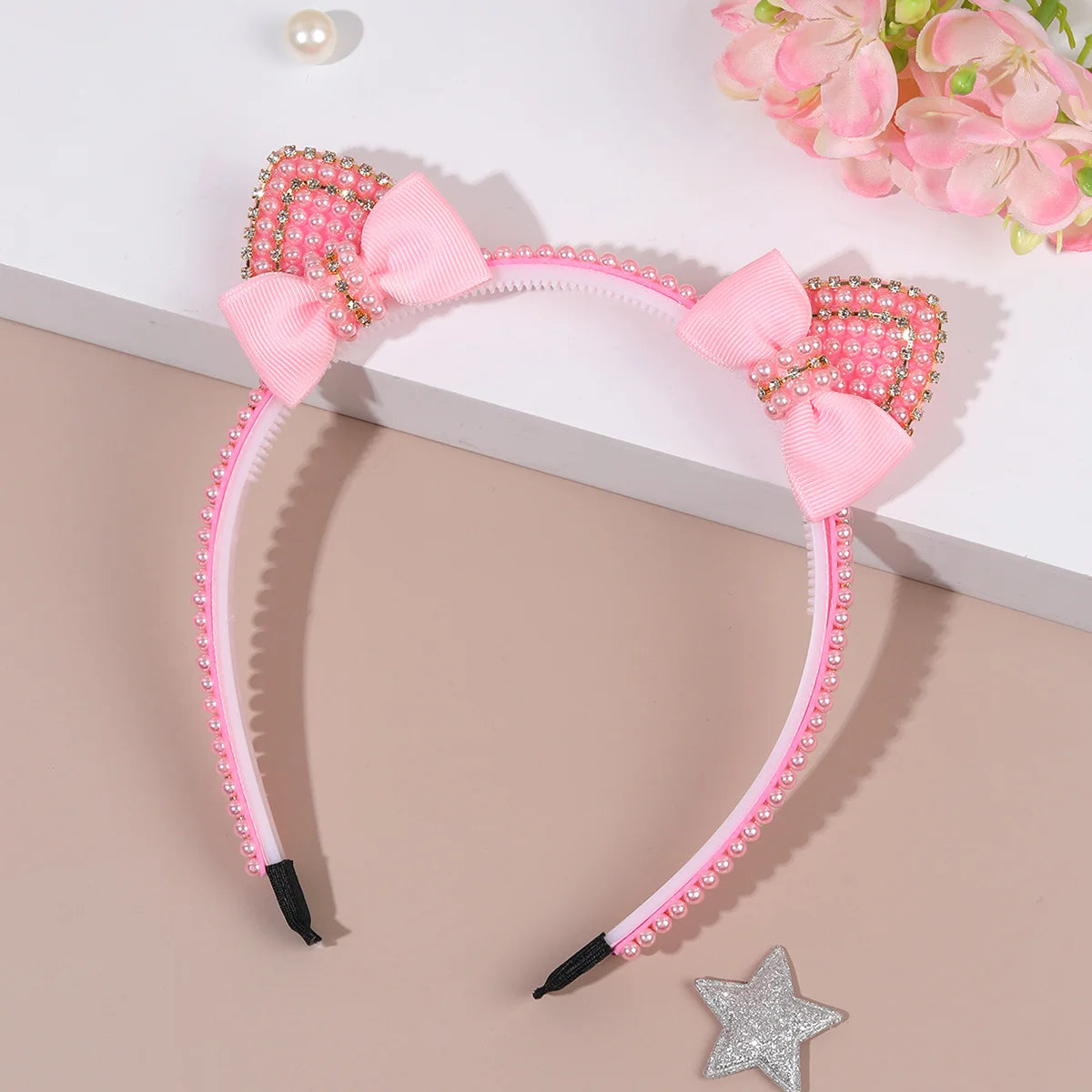 Cat Ear Headbands Sweet Cute Ears Elegant Pearl Bow Hairband For Girls Sweet Head Band Children Kid Hair Hoop Accessories Tiara