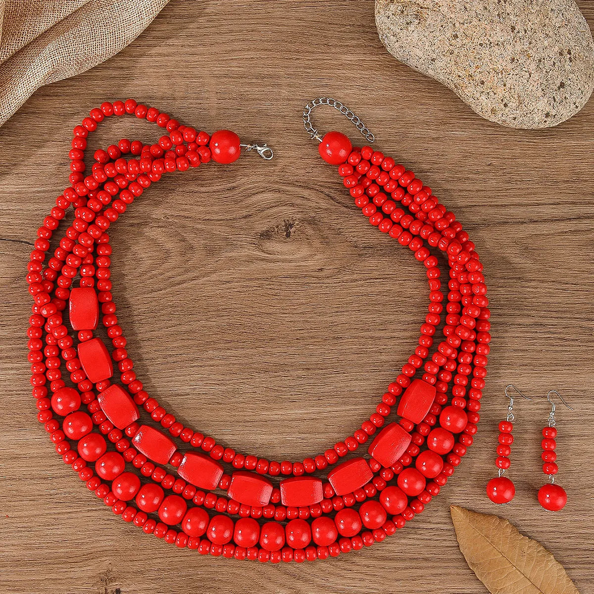 Bohemian Wooden Bead Necklace & Earring Set