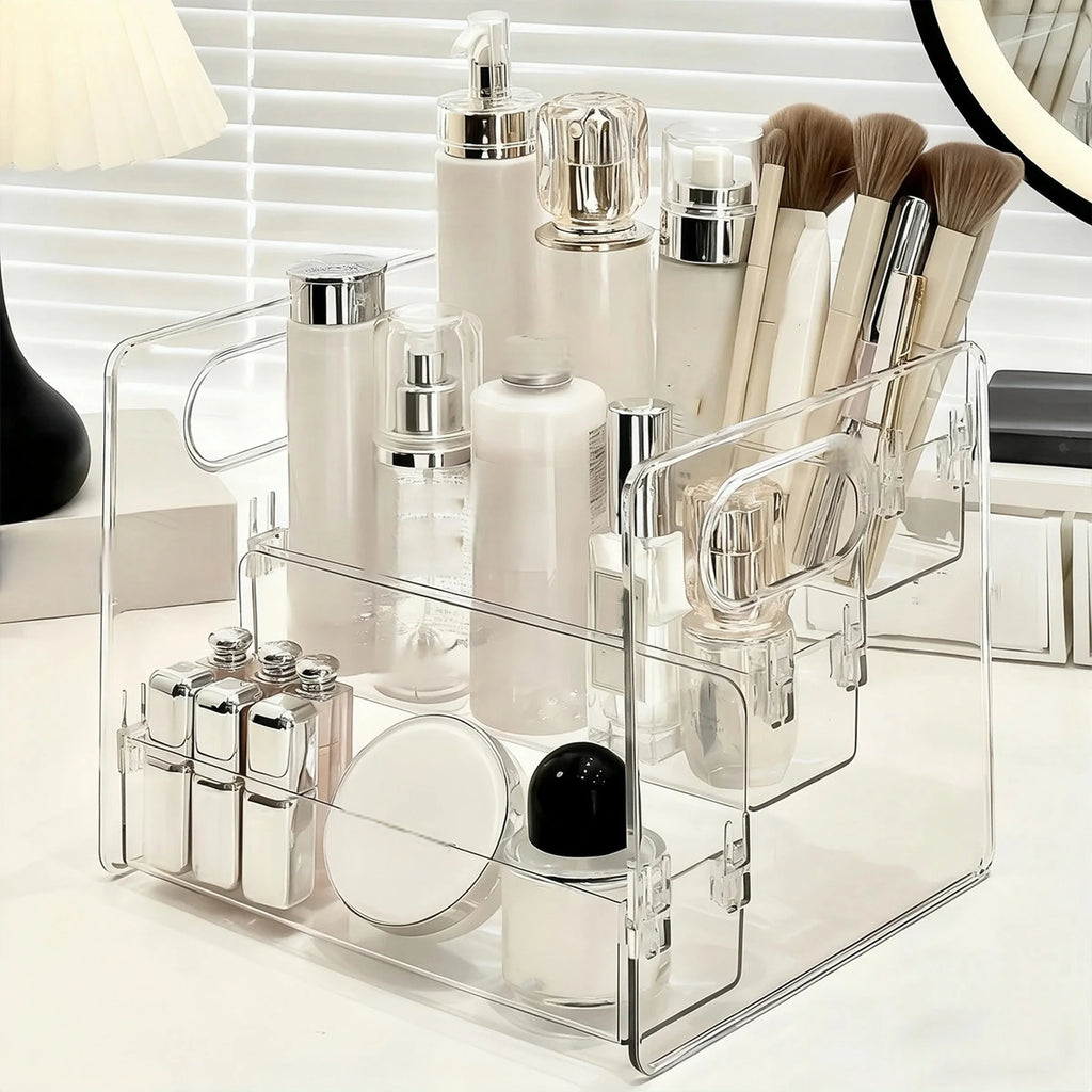 Cosmetics Desktop Storage Box, Acrylic High-Grade Dust-Proof Perfume and Skin Care Product Organizer, Three-Layer Tiered Display and Storage Rack for Dressing Table