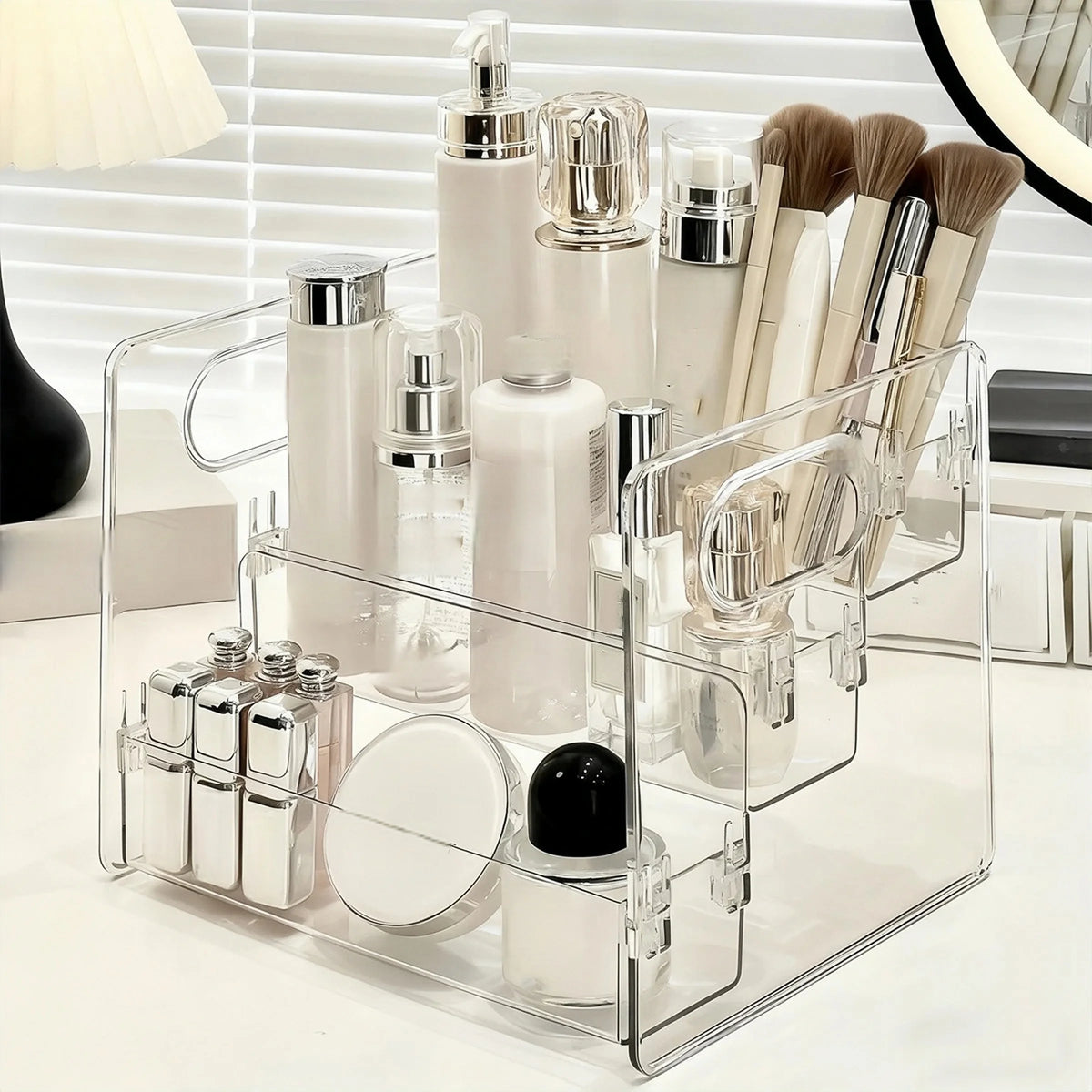 Cosmetics Desktop Storage Box, Acrylic High-Grade Dust-Proof Perfume and Skin Care Product Organizer, Three-Layer Tiered Display and Storage Rack for Dressing Table