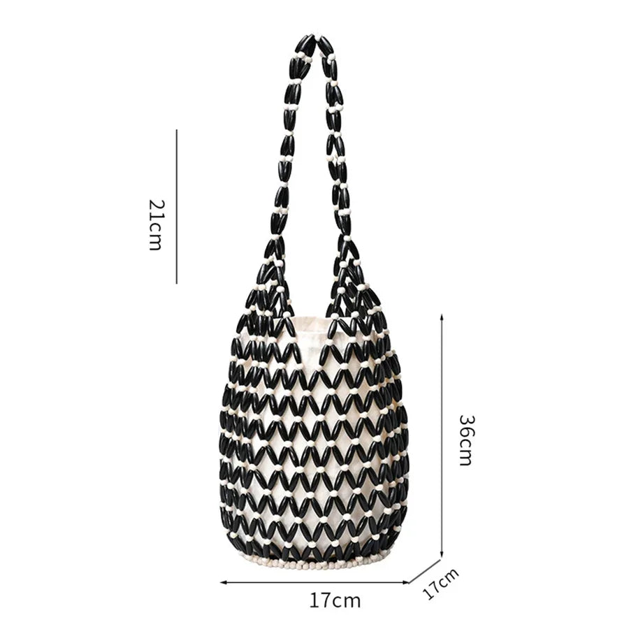 Women Woven Hand Bag Summer Design Hollow-out Wooden Bead Tote Bucket Shoulder Bag Female Reticulate Netted Canvas Beach Handbag