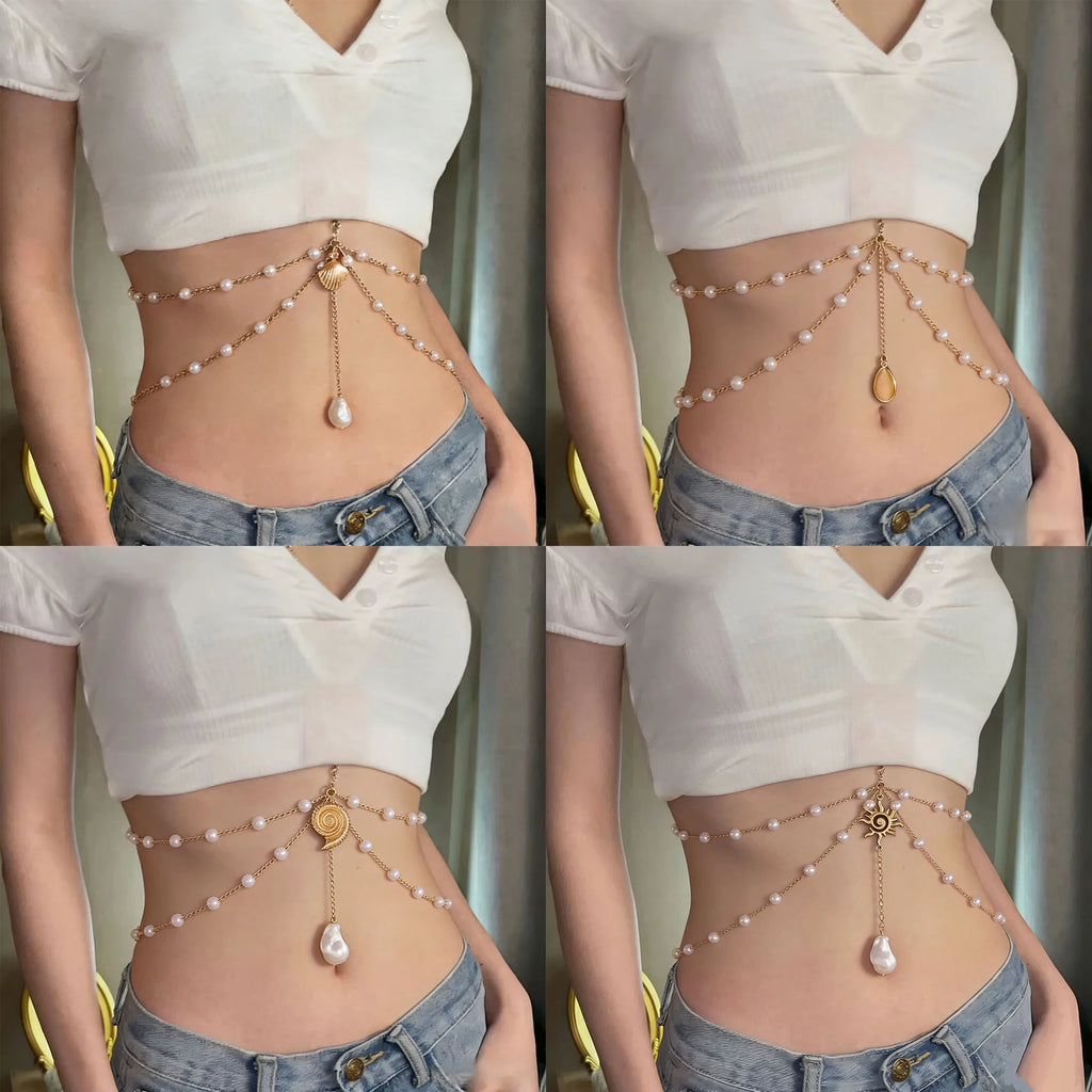 Boho Layered Pearl Waist Chain – Gold Body Jewelry