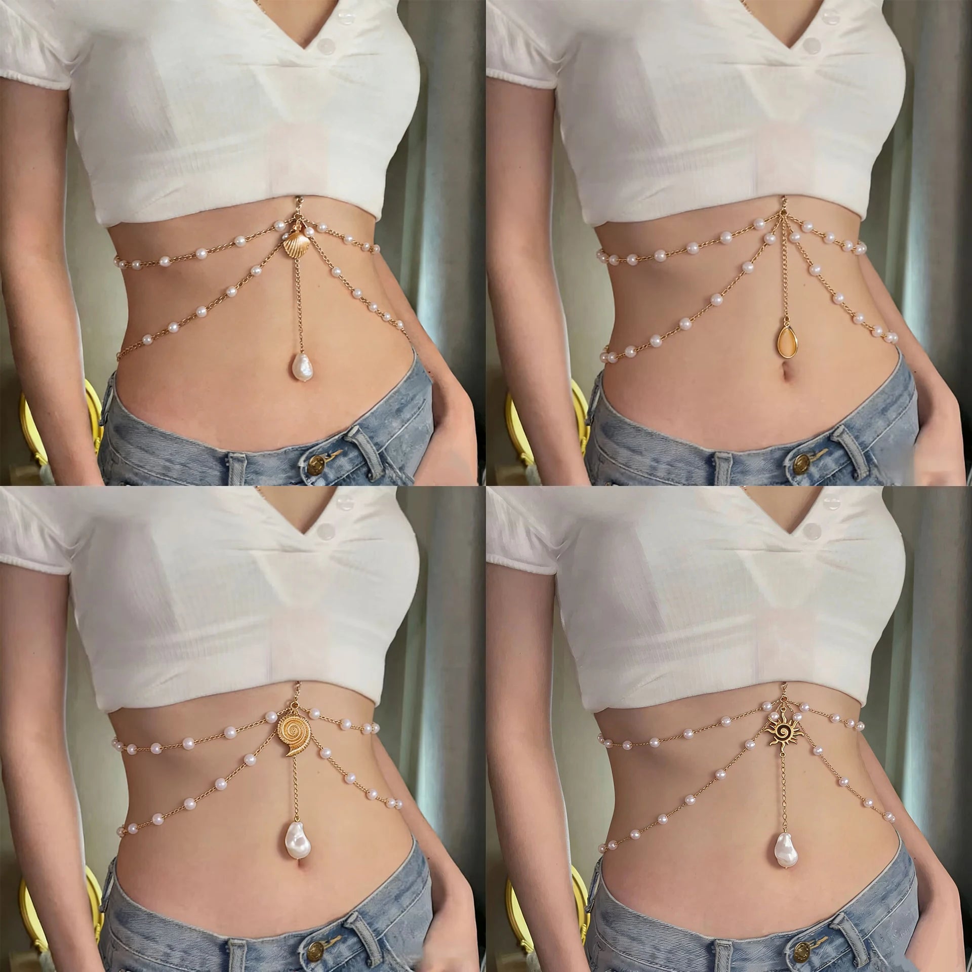 Boho Layered Pearl Waist Chain – Gold Body Jewelry