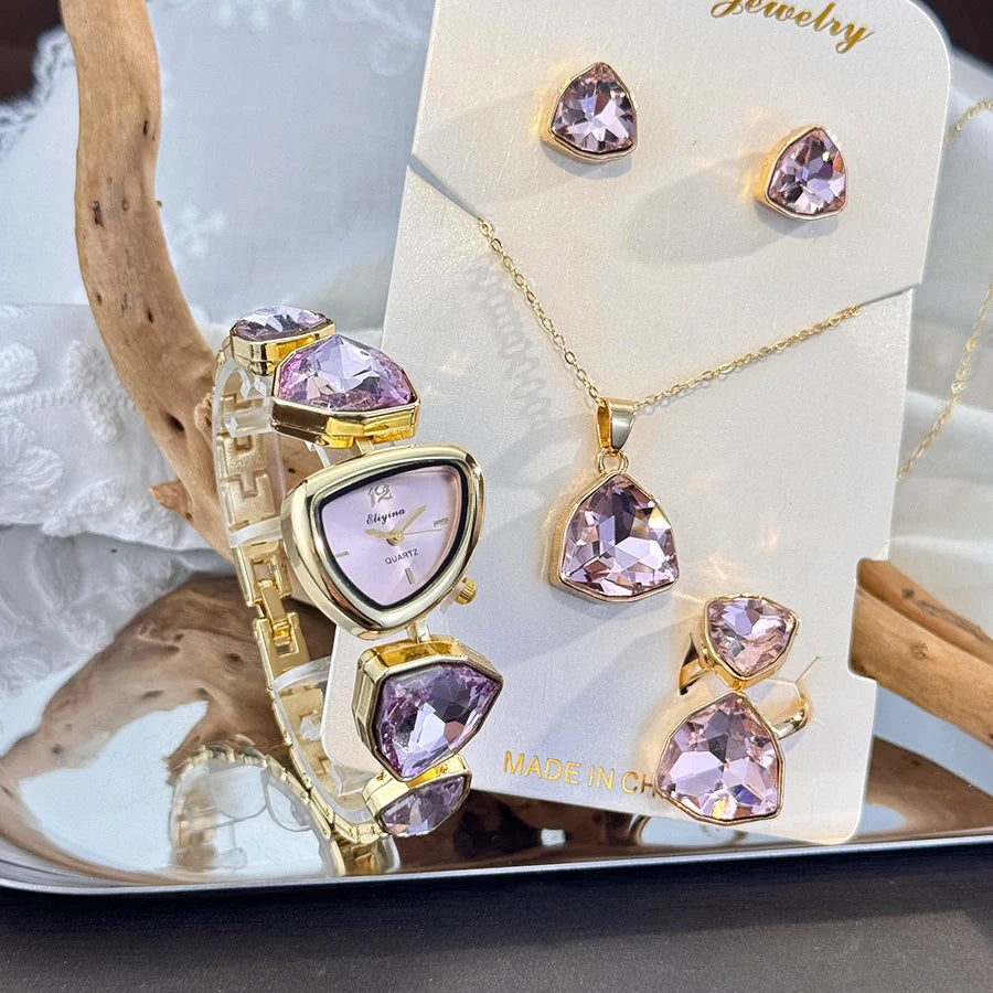 Luxury Ladies Quartz Watch  Colorful Diamond Irregular Shape Necklace Ring Earrings Jewelry Set Four-Piece Gift Set Trendsetter