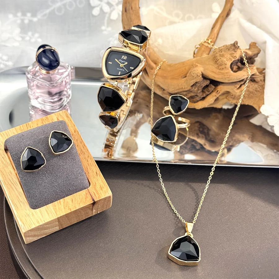 Luxury Ladies Quartz Watch  Colorful Diamond Irregular Shape Necklace Ring Earrings Jewelry Set Four-Piece Gift Set Trendsetter