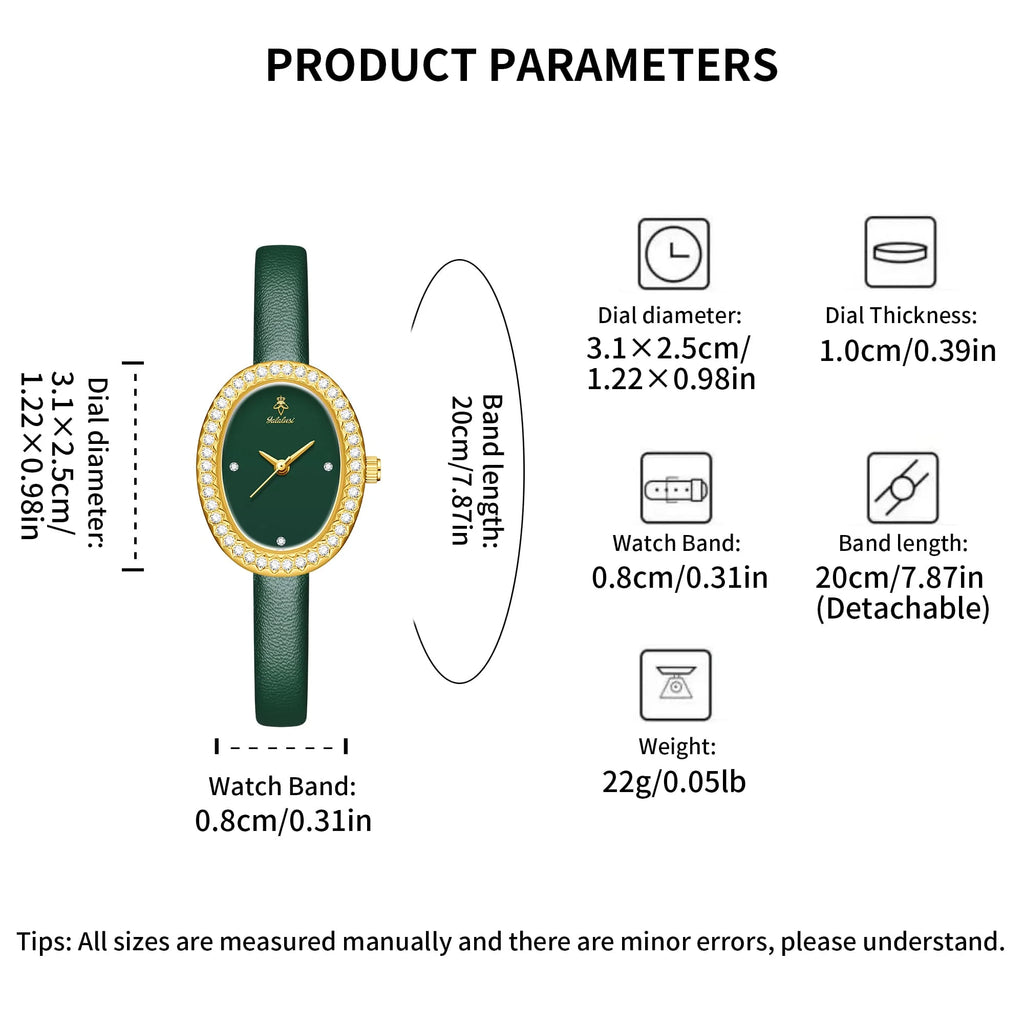 YaLaLuSi Luxury Ladies’ Watch with Rhinestone-Trimmed Oval Dial, Leather Strap and Water-Resistant Quartz Movement