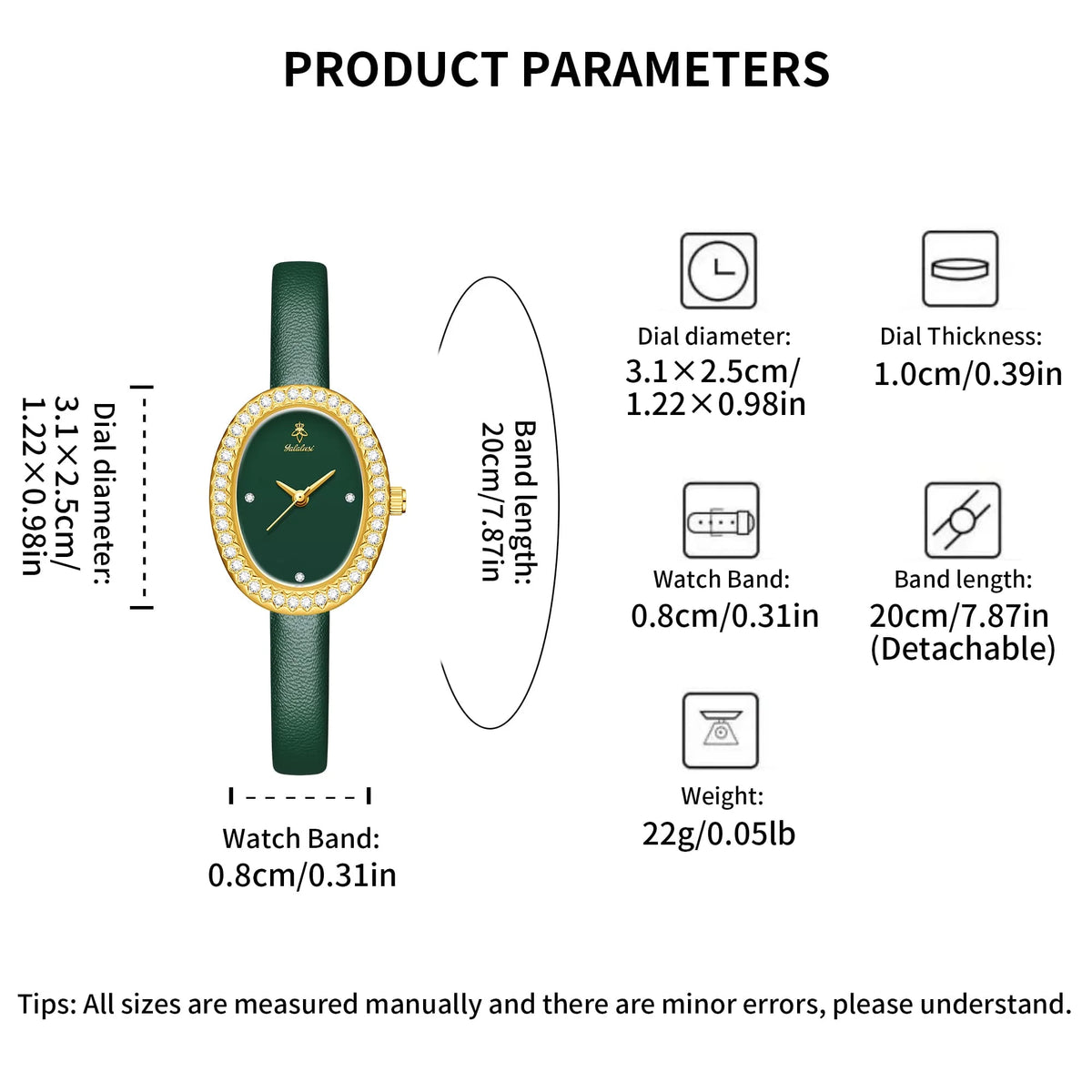 YaLaLuSi Luxury Ladies’ Watch with Rhinestone-Trimmed Oval Dial, Leather Strap and Water-Resistant Quartz Movement