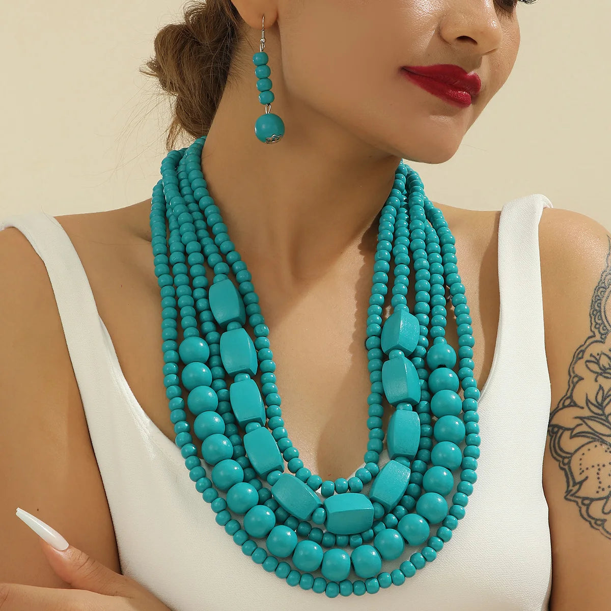 Bohemian Wooden Bead Necklace & Earring Set