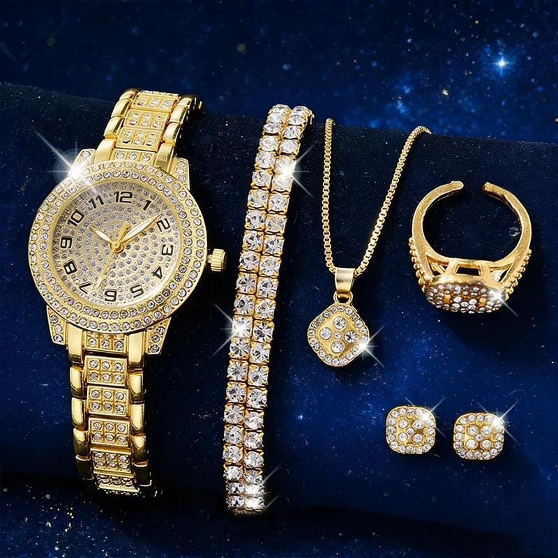 Aurajutt Gold Diamond Bracelet Set Watch