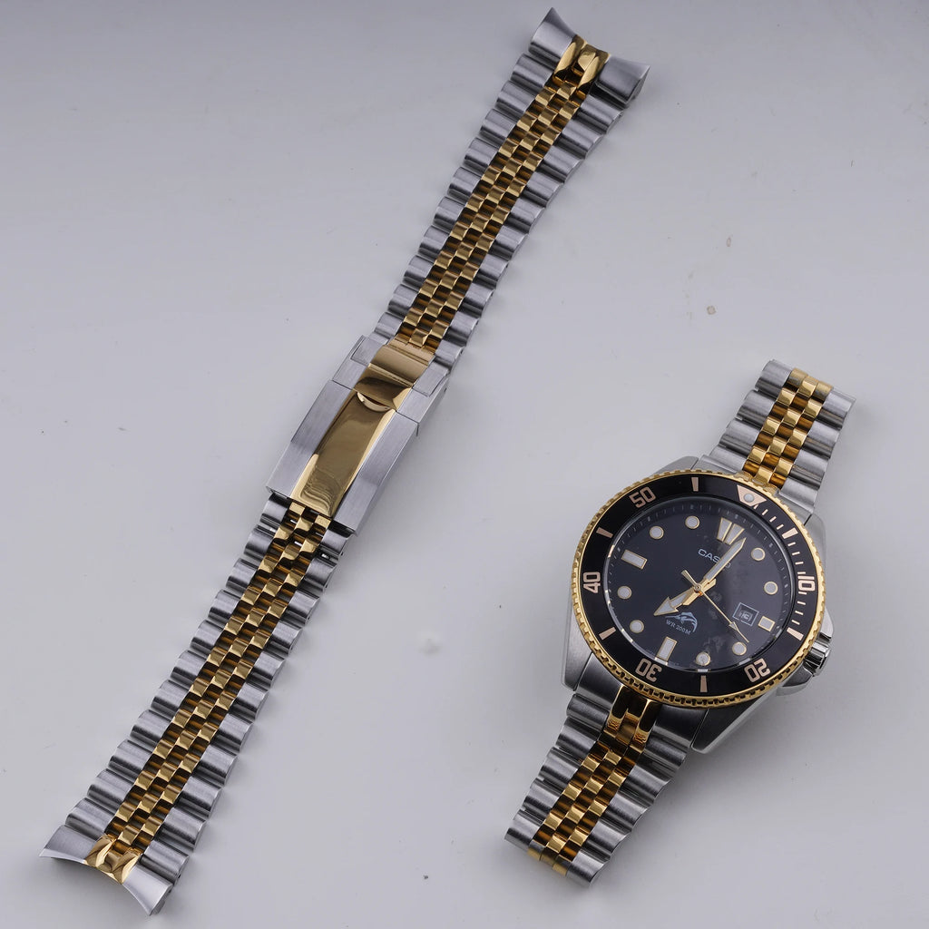 Rolamy 22mm Solid CurvedEnd Middle gold Stainless Steel Jubilee WatchBand Strap Luxury Bracelets For Casio MDV-106B MDV106G
