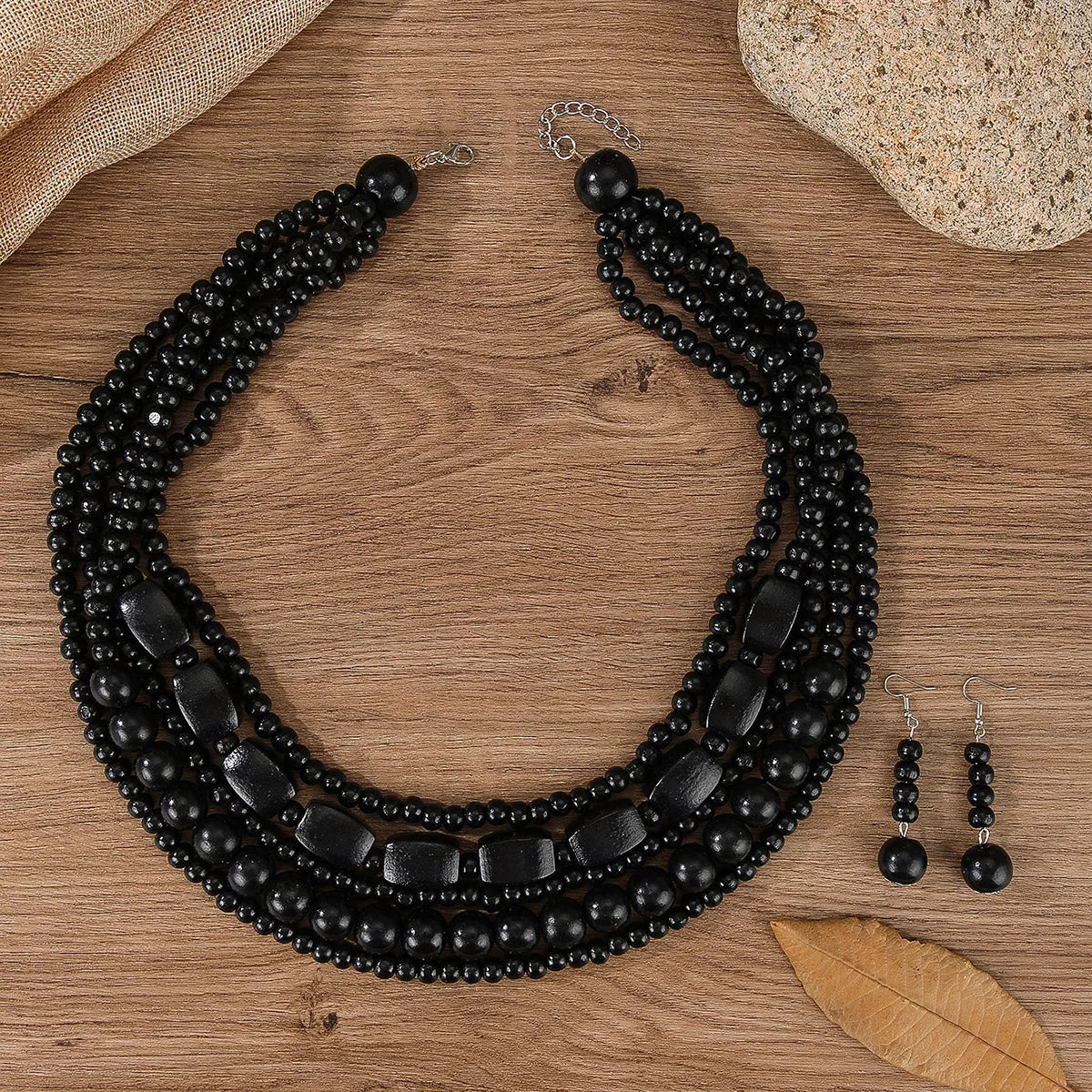 Bohemian Wooden Bead Necklace & Earring Set