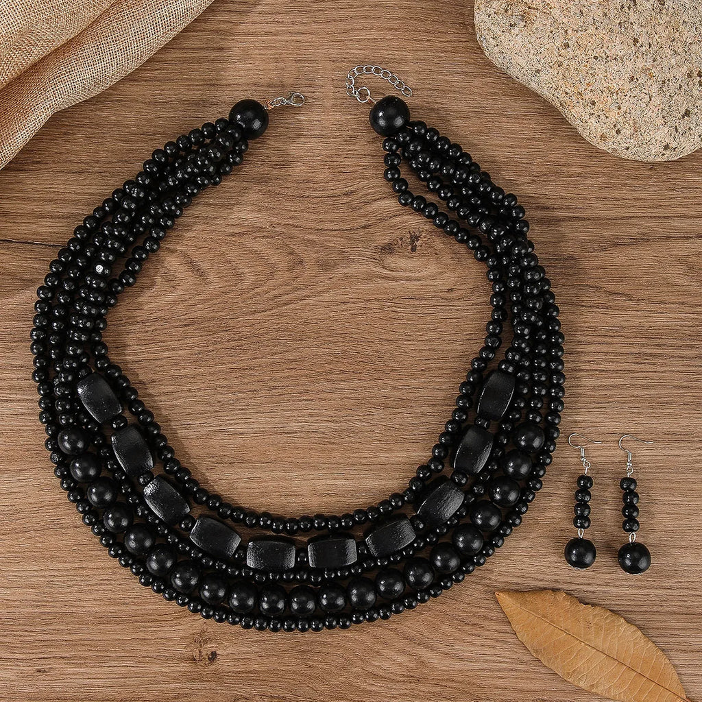 Bohemian Wooden Bead Necklace & Earring Set