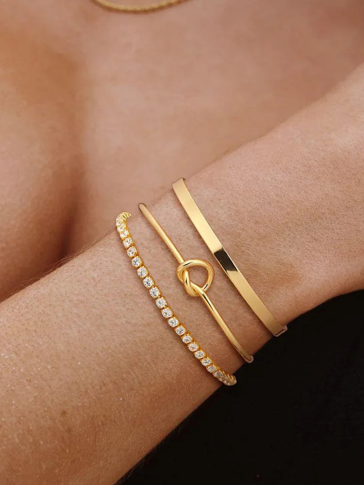3pcs Stainless Steel Gold Plated Bracelets for Women Adjustable Jewelry Gifts Luxury Zircon Chain Bangles Jewelry Accessories