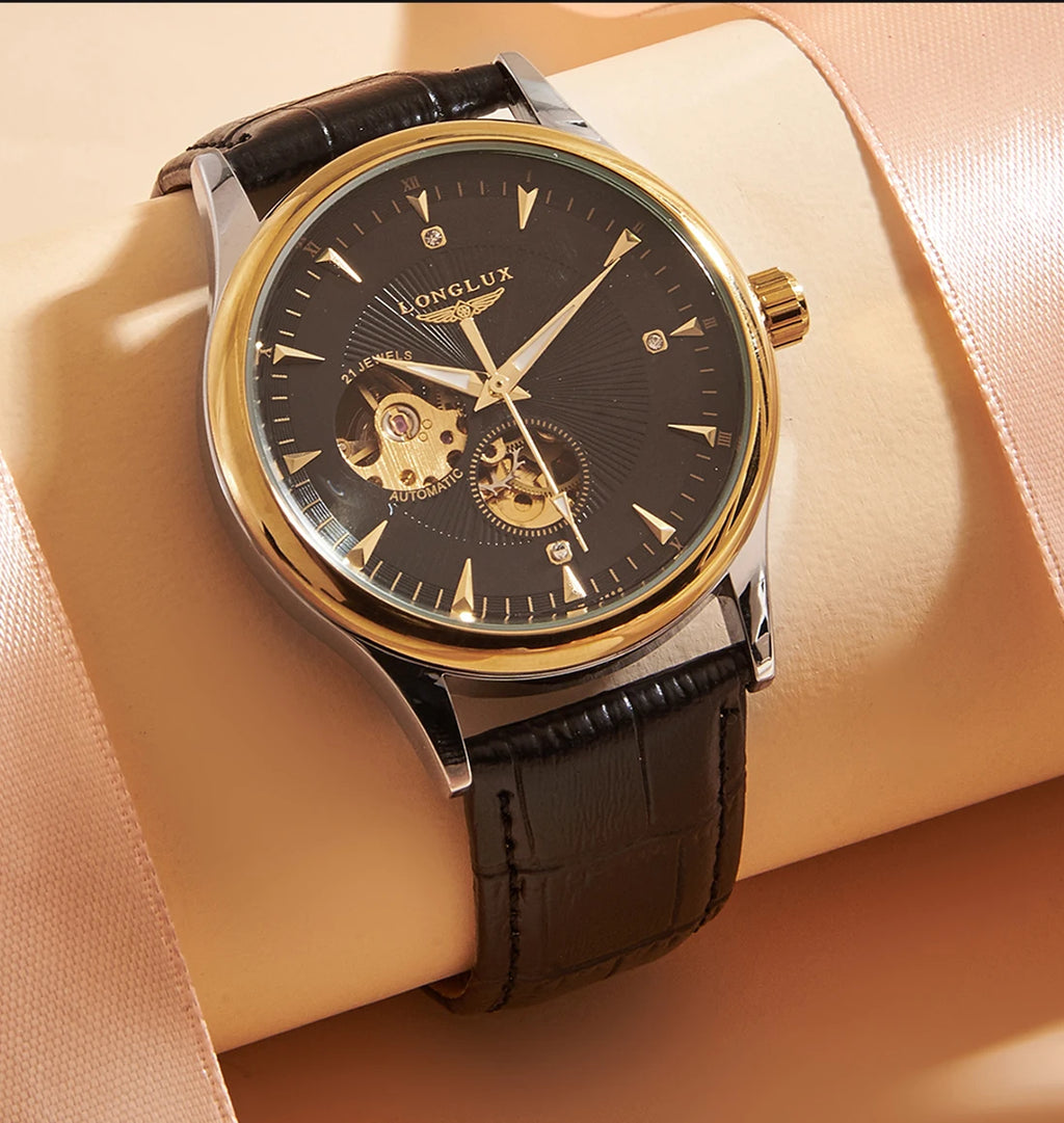LONGLUX Automatic Watch Elegant Style Wholesale Mechanical Wristwatches Skeleton Rome Waterproof Mens Watch Men Gift