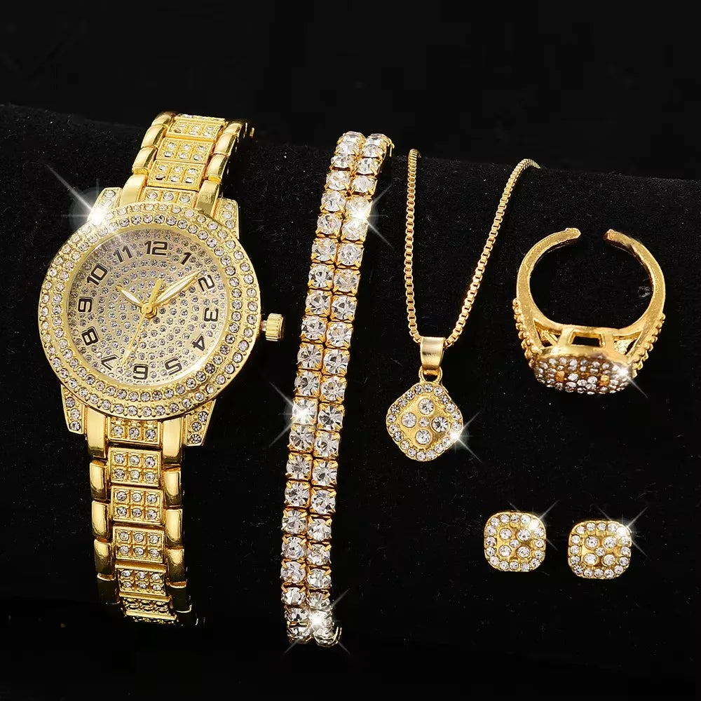 Aurajutt Gold Diamond Bracelet Set Watch