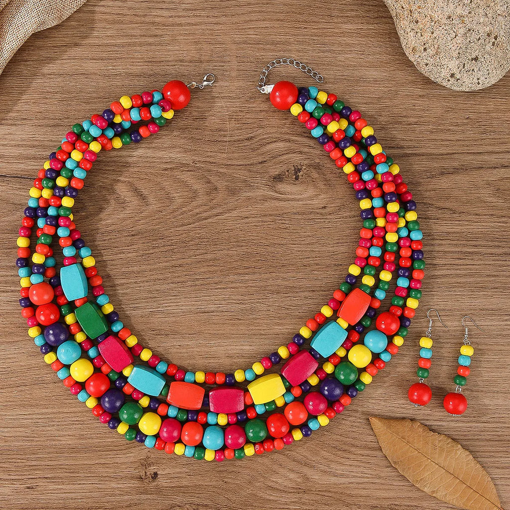 Bohemian Wooden Bead Necklace & Earring Set