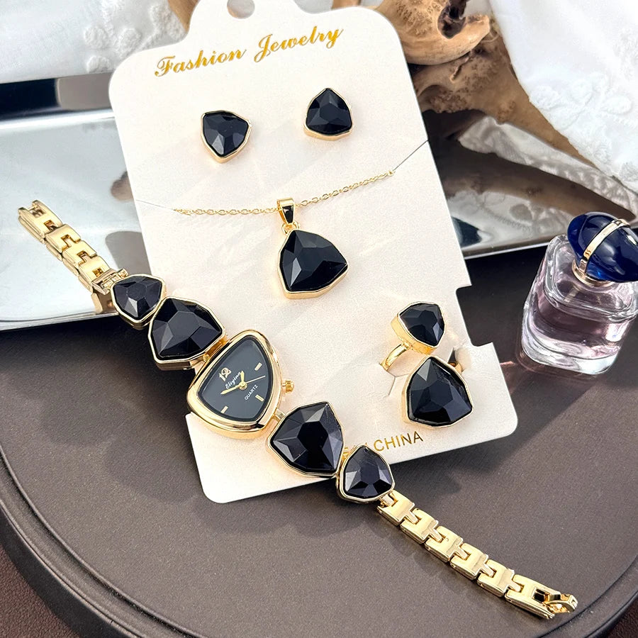 Luxury Ladies Quartz Watch  Colorful Diamond Irregular Shape Necklace Ring Earrings Jewelry Set Four-Piece Gift Set Trendsetter