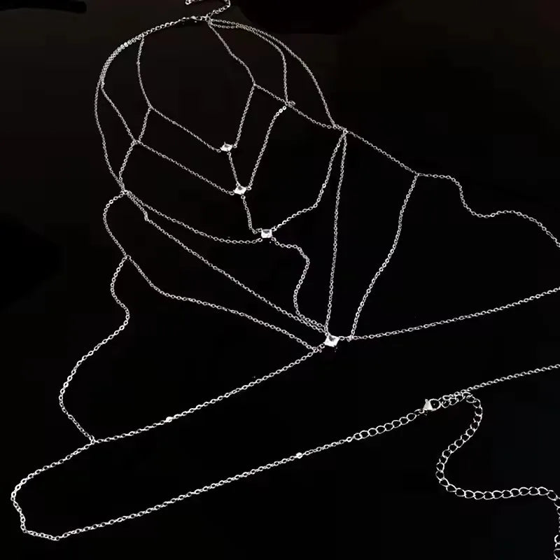 Layered Crystal Chest Chain – Silver Body Jewelry