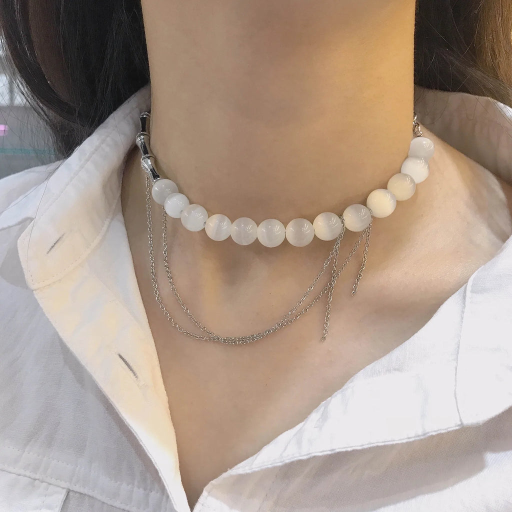 S925 Sterling Silver Bamboo-Link Necklace with Diamonds & Opal