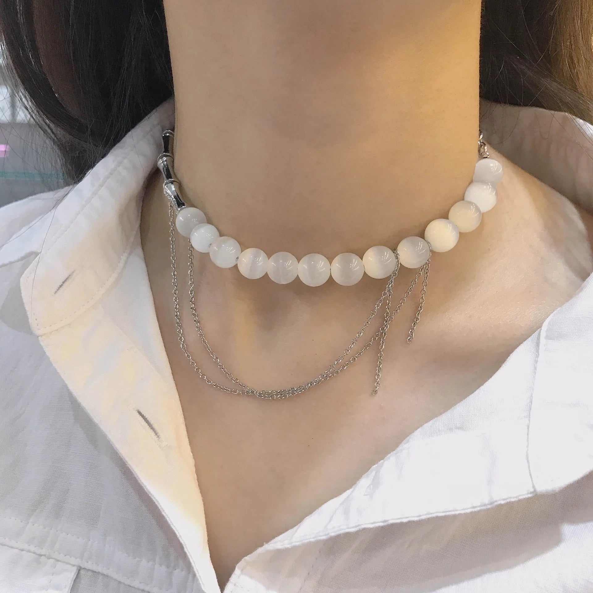 S925 Sterling Silver Bamboo-Link Necklace with Diamonds & Opal