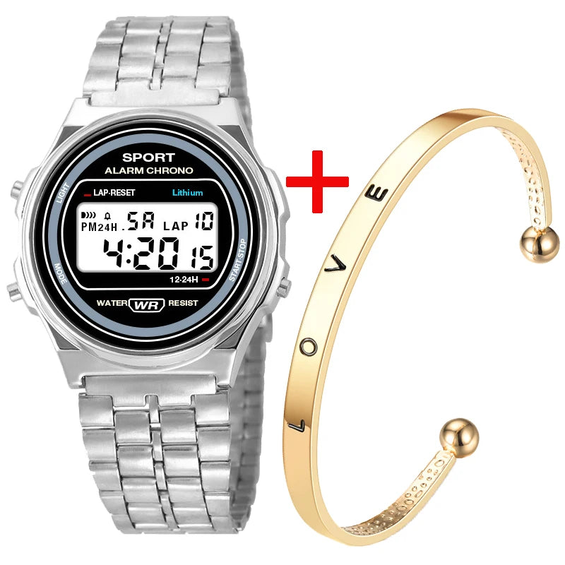 Light-luxury Women Watches Set Ladies Electronic Wristwatch with Bracelet Retro Style LED Digital Display Sports Clock