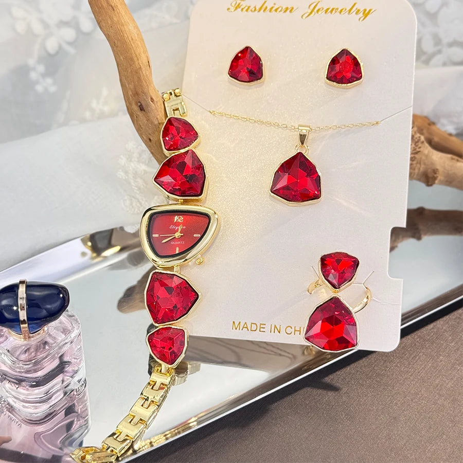 Luxury Ladies Quartz Watch  Colorful Diamond Irregular Shape Necklace Ring Earrings Jewelry Set Four-Piece Gift Set Trendsetter