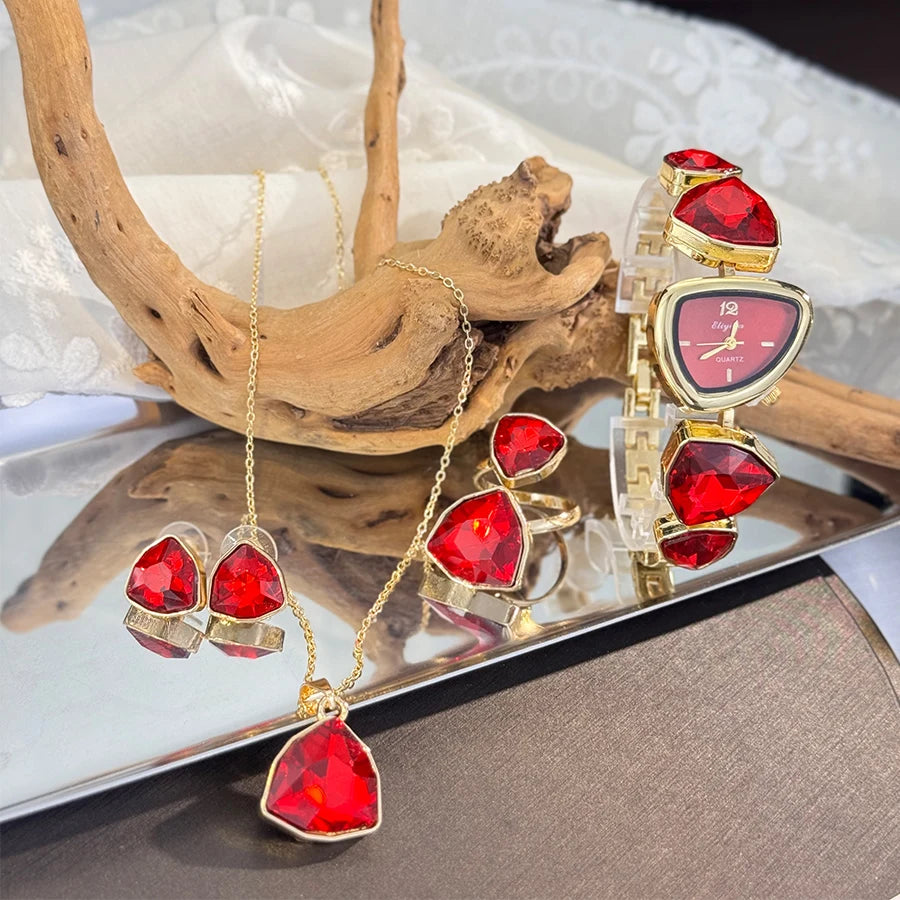 Luxury Ladies Quartz Watch  Colorful Diamond Irregular Shape Necklace Ring Earrings Jewelry Set Four-Piece Gift Set Trendsetter