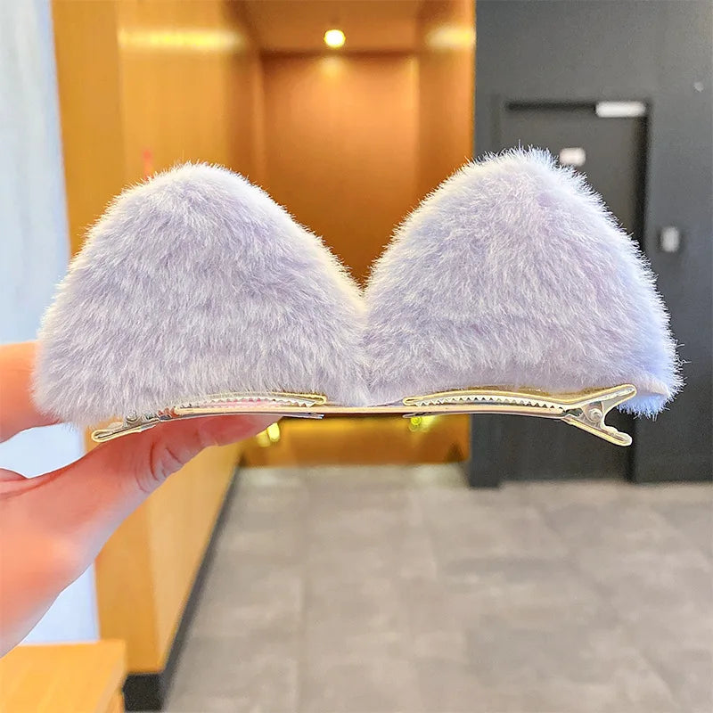 2 PCS/Set Girls Cute Solid Cat Ear Fluff Hair Clips Korean Cartoon Animal Ears Hairpins Barrettes Kids Headwear Hair Accessories