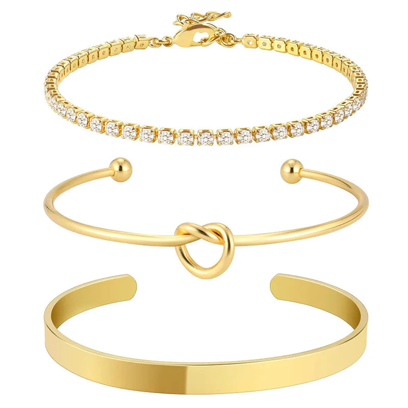 3pcs Stainless Steel Gold Plated Bracelets for Women Adjustable Jewelry Gifts Luxury Zircon Chain Bangles Jewelry Accessories