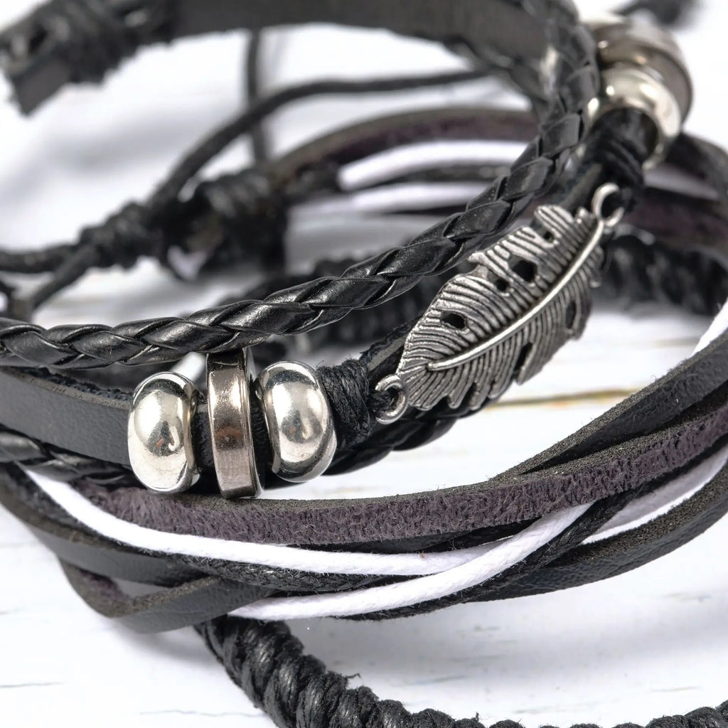 Leather Bracelet For Men New Style Stylish Leather Bracelets Men’S, Retro Leaf Woven Leather Rope, Punk Combination Bracelets