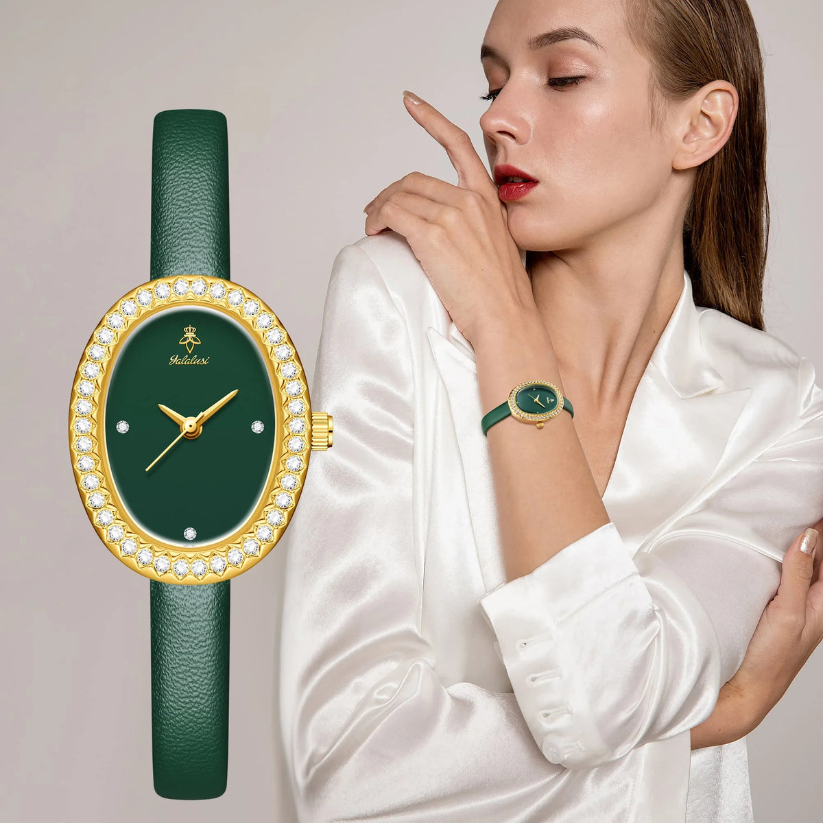 YaLaLuSi Luxury Ladies’ Watch with Rhinestone-Trimmed Oval Dial, Leather Strap and Water-Resistant Quartz Movement