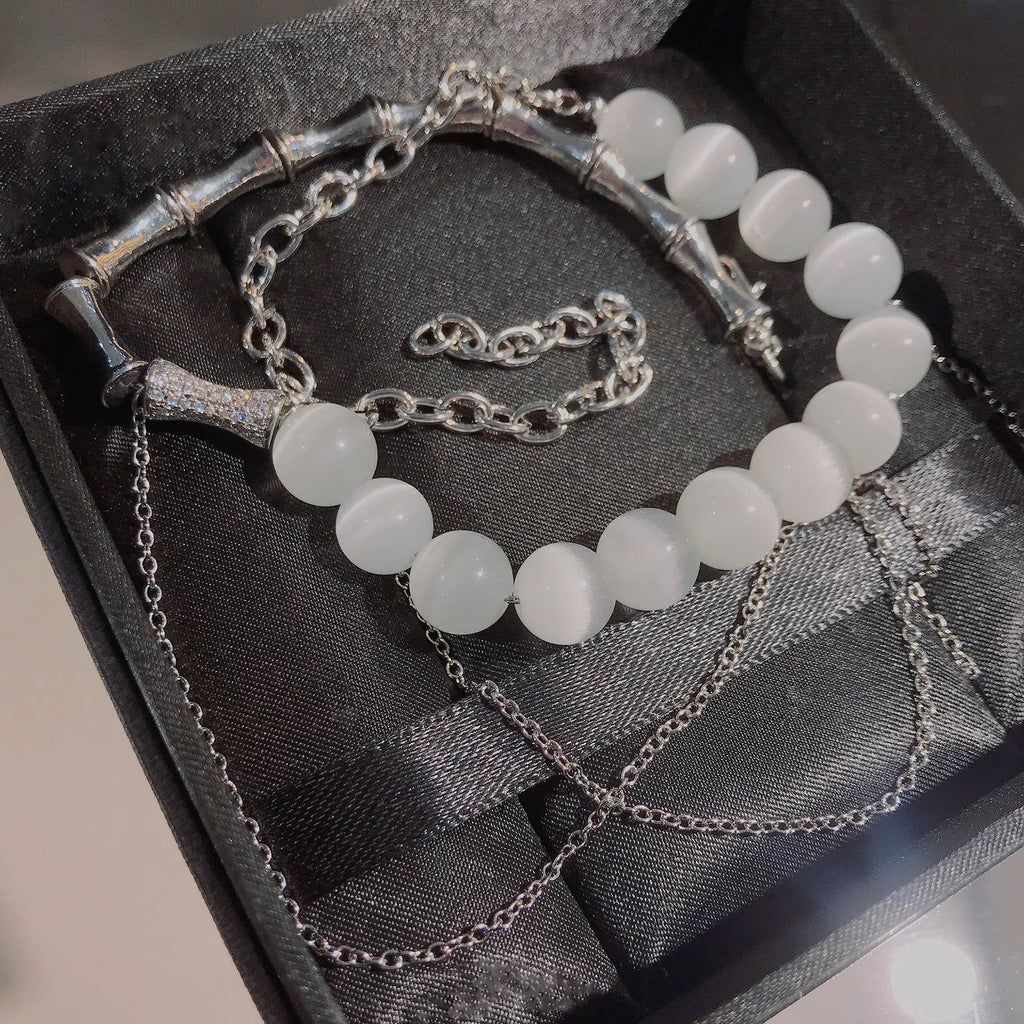 S925 Sterling Silver Bamboo-Link Necklace with Diamonds & Opal
