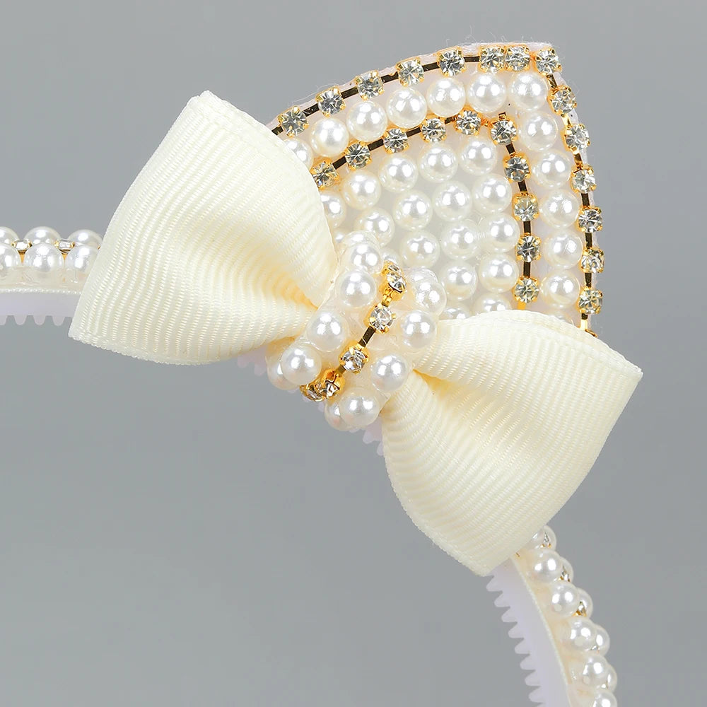 Cat Ear Headbands Sweet Cute Ears Elegant Pearl Bow Hairband For Girls Sweet Head Band Children Kid Hair Hoop Accessories Tiara