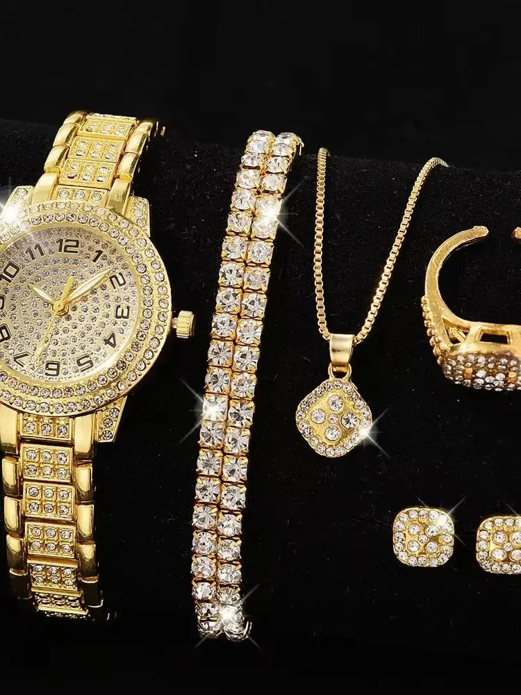 Women's Gold Quartz Diamond Bracelet Watch Set