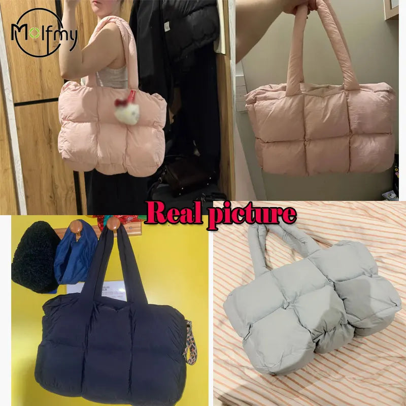 Women Tote Handbags Quilted Plaid Bag Retro Trendy Checkered Waterproof Shoulder Bag Solid Color Winter Soft Large Capacity Bags