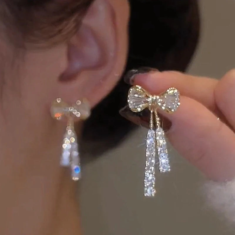 Gold Bow Stud Earrings with Rhinestone Dangle